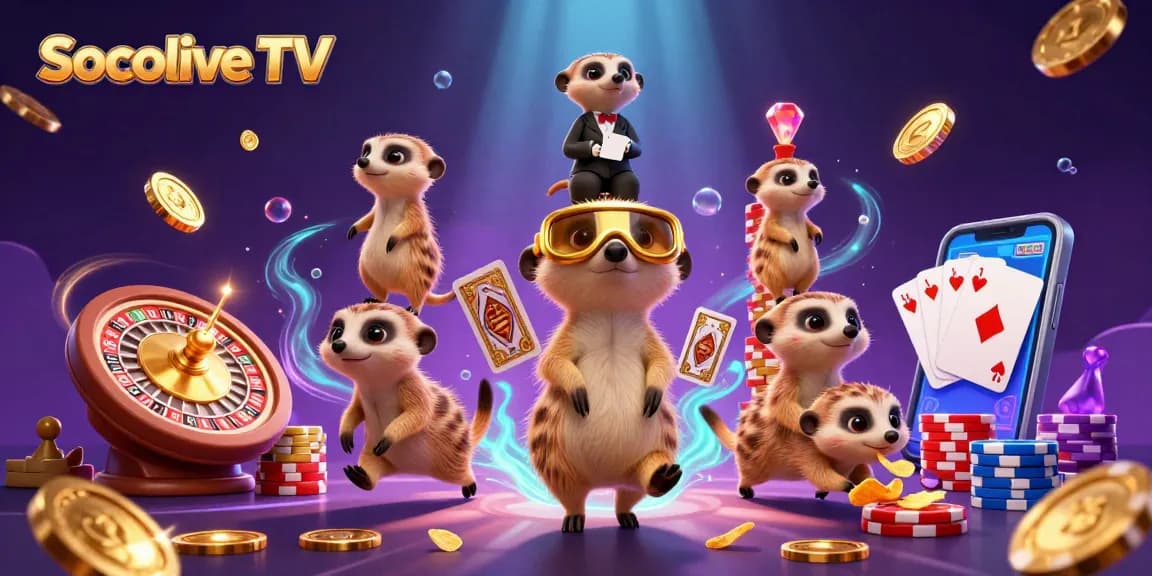 Socolive TV showcases meerkats running a vibrant casino operation, highlighted by dynamic gambling elements.