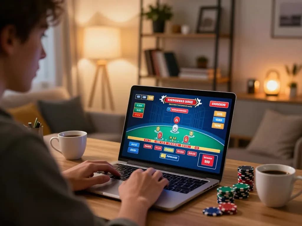 BOMWIN player engaging in strategic online blackjack from a cozy home office.