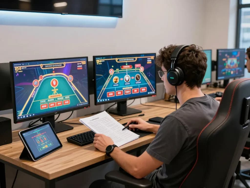 Engaged player analyzing strategies on multiple screens for 78wim online casino games.