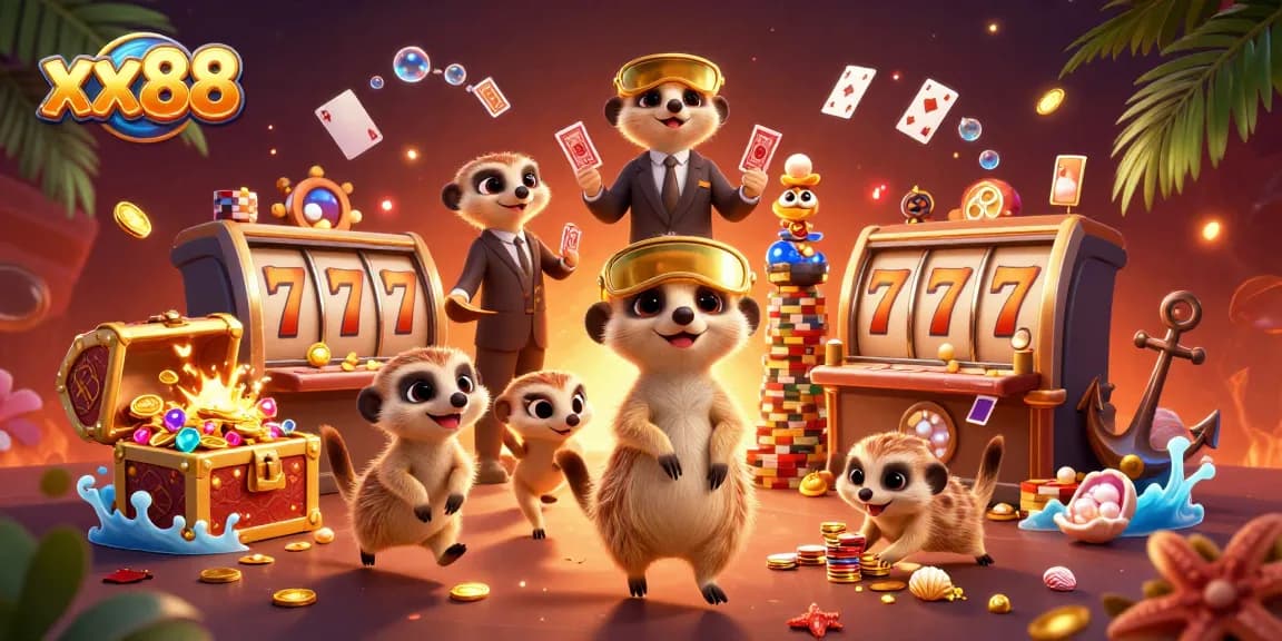 Experience the vibrant world of xx88 with a dynamic casino scene featuring playful meerkats and exciting gambling elements.