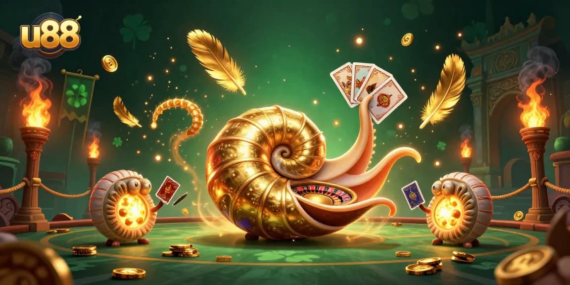 Engage with u88's stunning 3D scene featuring a radiant nautilus roulette wheel amidst vibrant casino elements.