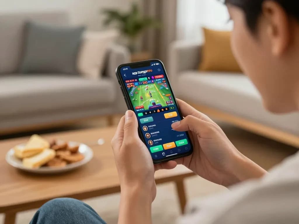 Engaging with apk sungaitoto on mobile, showcasing online betting excitement at home.