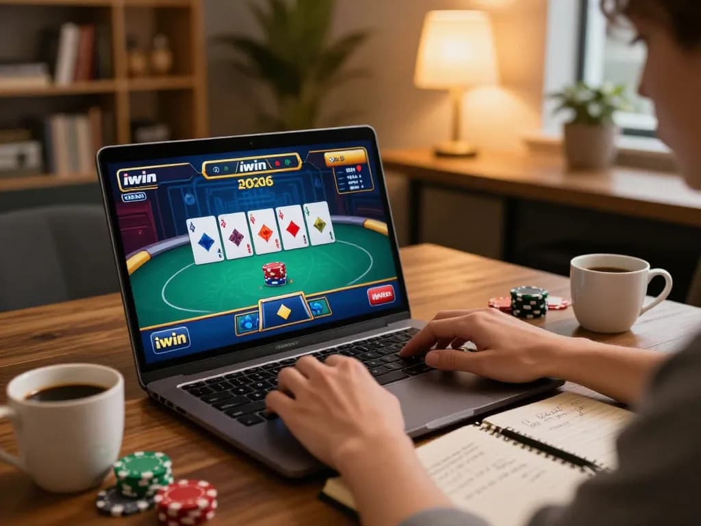 Engaging in strategic poker gameplay through iwin on a cozy laptop setup with warm lighting.