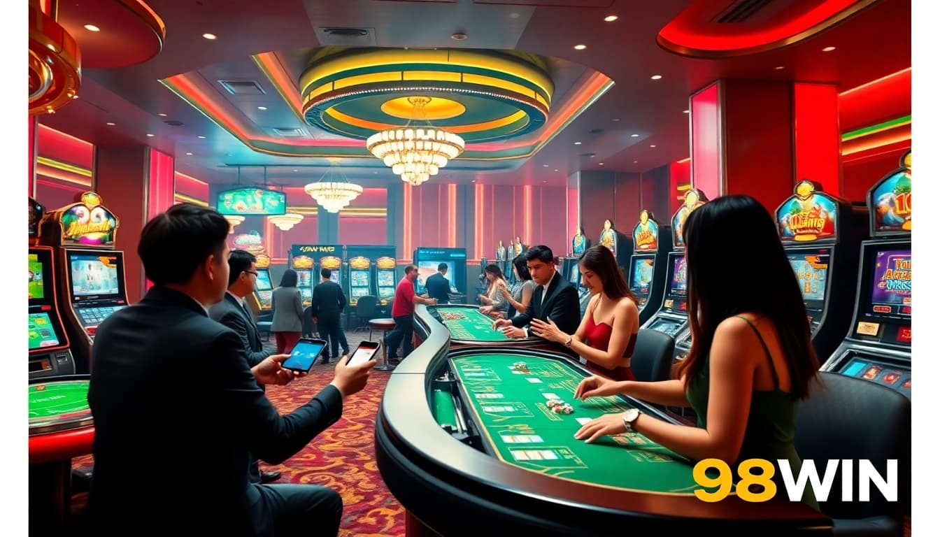 Exciting gaming scene at 98WIN online casino, showcasing players and vibrant slot machines.