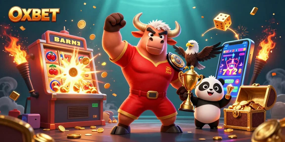 Engage with OXBET's thrilling jackpot fun featuring a victorious bull mascot, eagle, and panda with casino game elements.