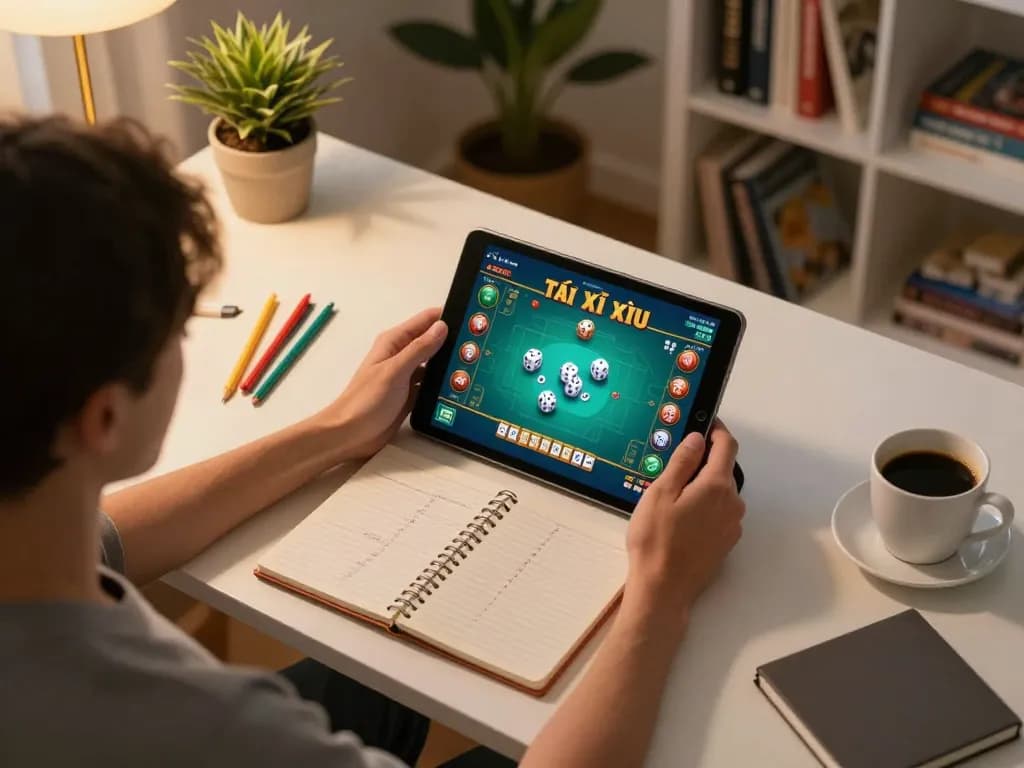 Tải game Tài Xỉu on tablet in stylish home gaming setup with tactical notes and coffee.