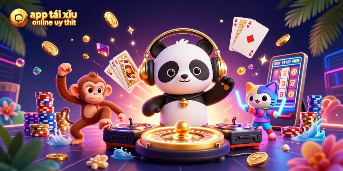 Spin to win with app tài xỉu online uy tín, featuring lively characters in a vibrant casino scene full of excitement.