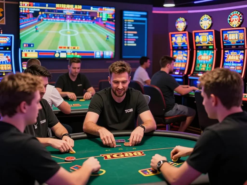 Diverse players enjoying TG88 casino games, vibrant atmosphere with excitement and interaction.
