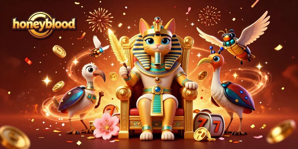 Experience gaming with honeyblood at this vibrant online casino illustration featuring a pharaoh cat and iconic slot symbols.