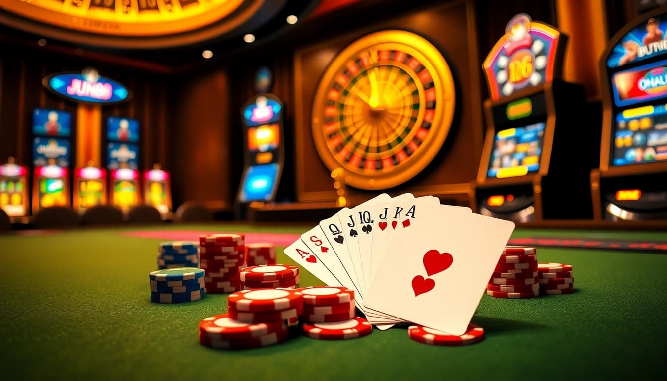 Experience the thrill of gambling at Jun88 with vibrant casino scenes featuring poker chips and roulette wheels.