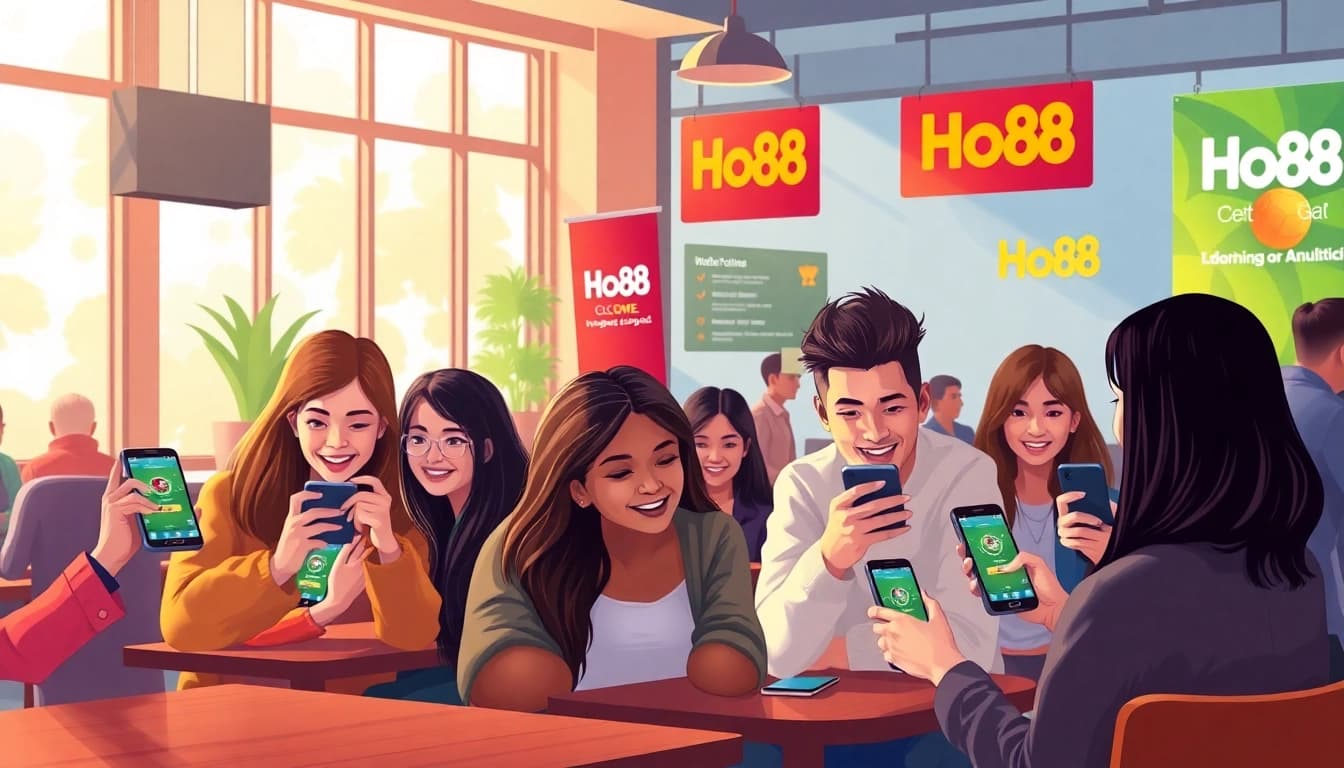 Excited users engaging with the Ho88 app in a vibrant café setting, showcasing community and online betting.