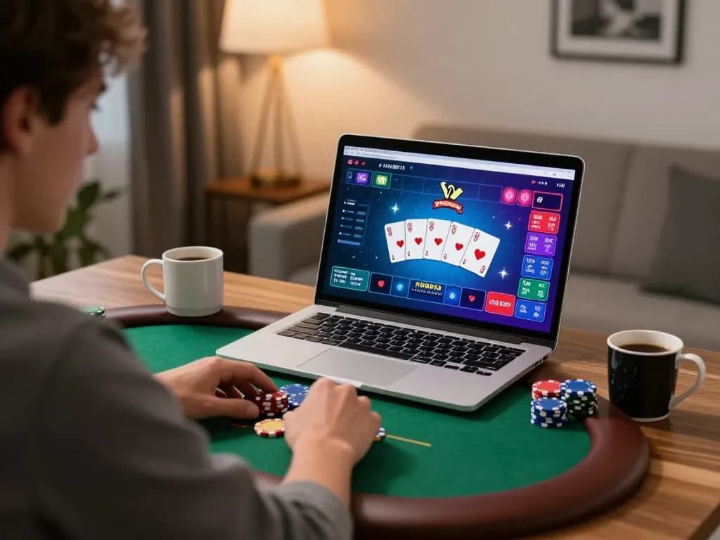 Net88 player engaged in online poker with vibrant graphics and a coffee beside the laptop for a cozy gaming experience.