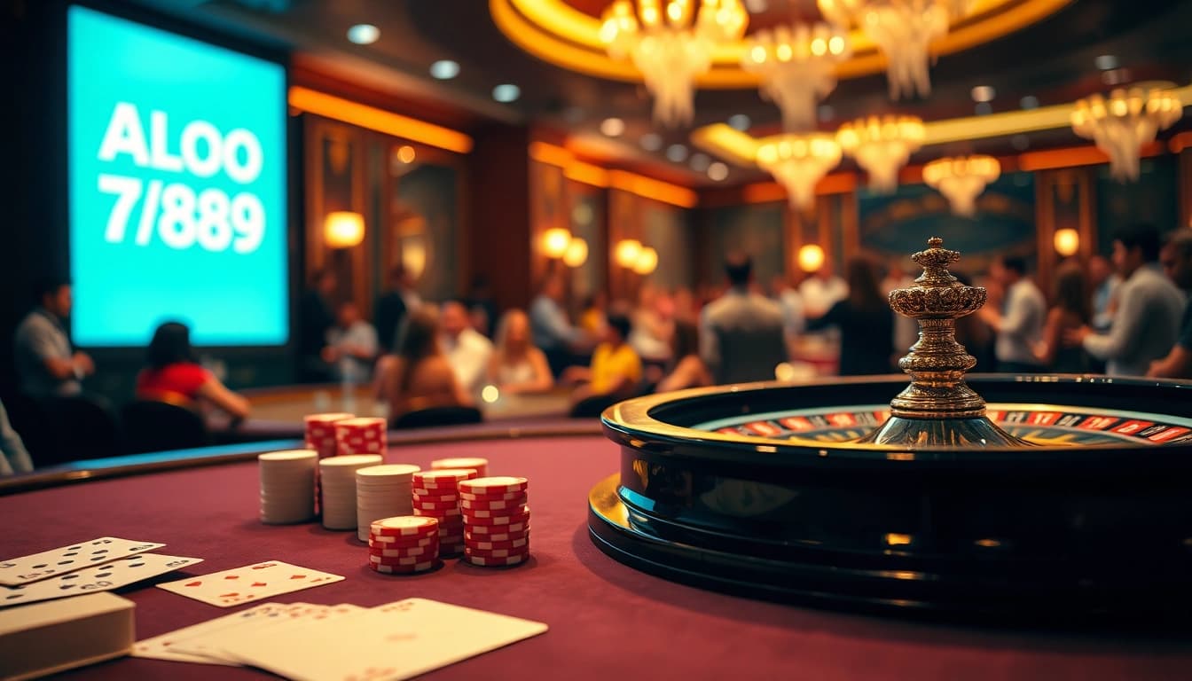 Experience the thrill of ALo789 gaming at a luxurious casino poker table, highlighting cards, chips, and excitement.