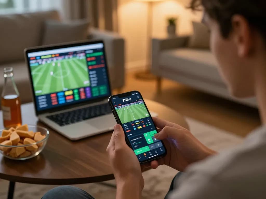 Engaged user placing bets on 258bet app during a thrilling sports event in cozy home environment