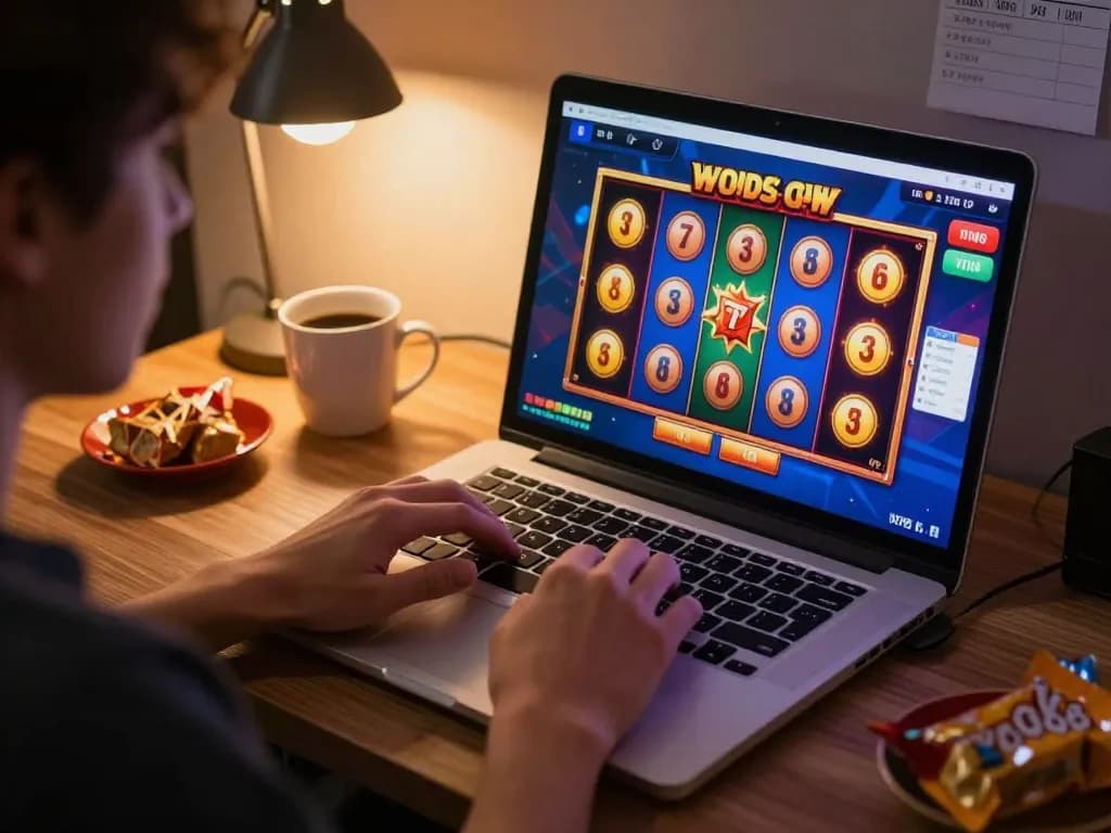Pemain terlibat menikmati sesi mendebarkan permainan slot toto di laptop dari pengaturan rumah yang nyaman.