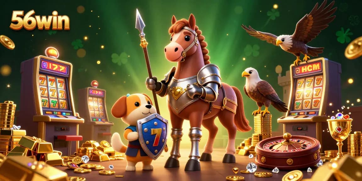 Experience thrilling wins at 56win with dynamic slot machines and rich treasures in a vibrant casino scene.