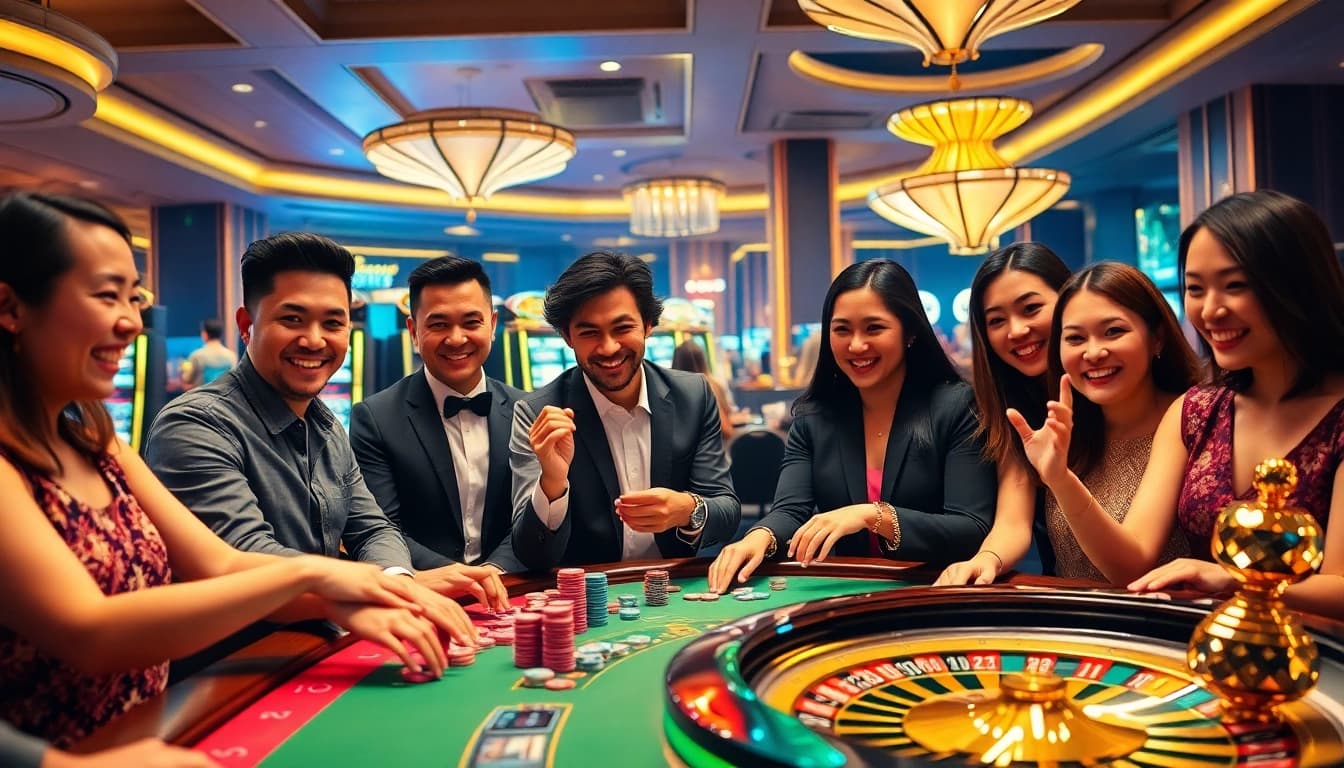 Gamblers enjoying an exciting moment at the TR88 casino table, featuring vibrant chips and a roulette wheel.