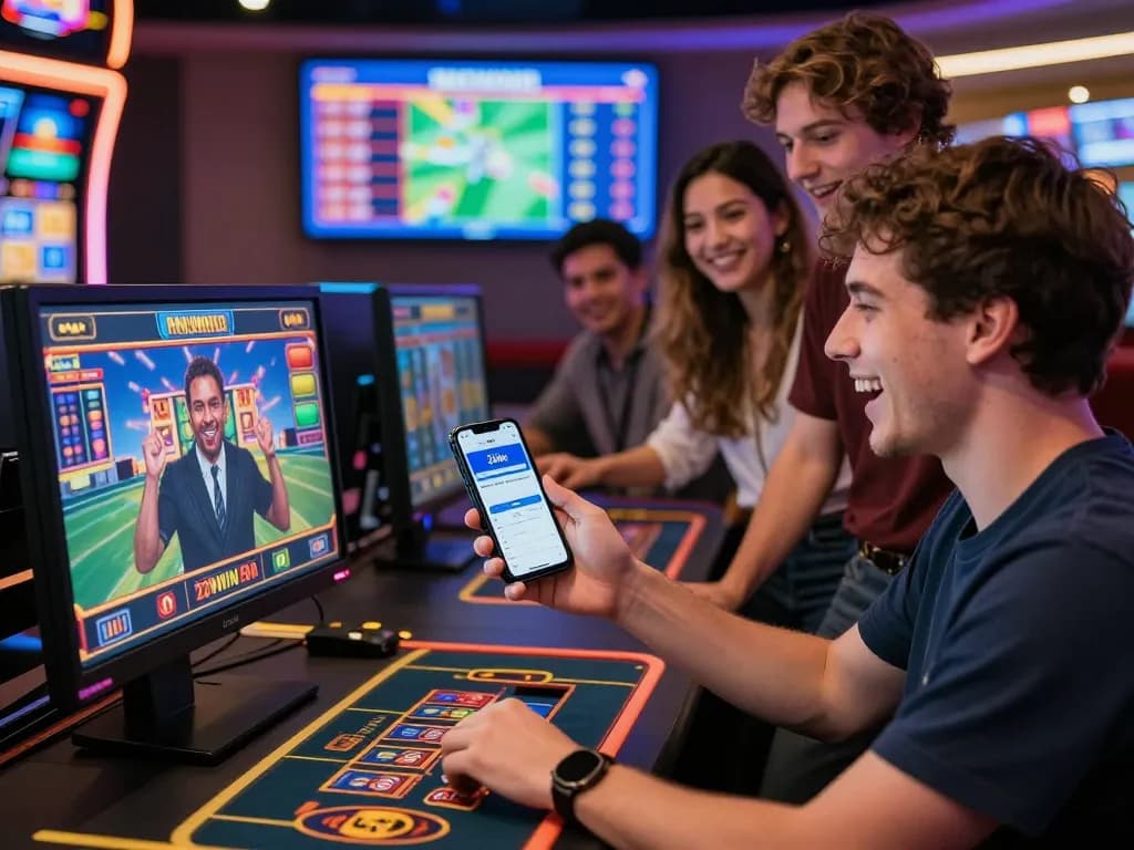 Excited players celebrating wins on the 32win online gambling platform in a vibrant casino atmosphere.
