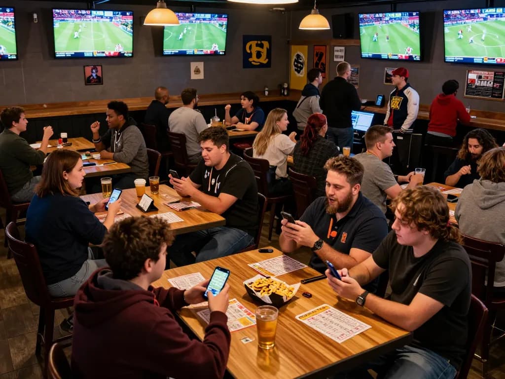 Fans actively placing keo nha cai 5 bets while enjoying live sports in a vibrant bar setting.