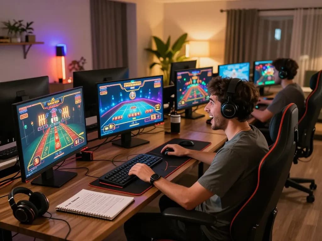 Engaged player at https://xx88.day/ enjoying a dynamic online gambling experience with multiple screens and cozy decor