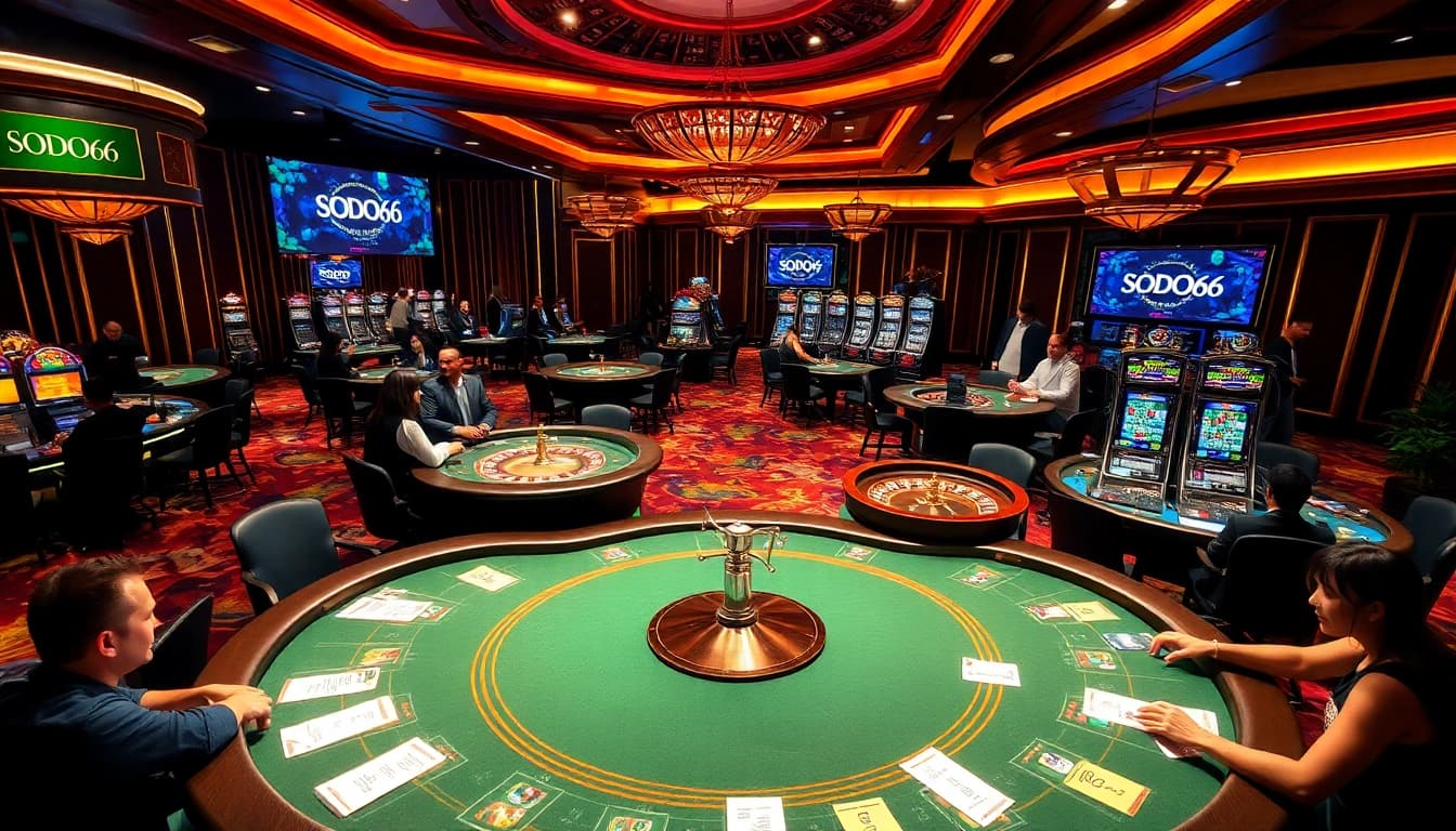 SODO66 casino scene with poker tables, roulette wheels, and players enjoying the game.