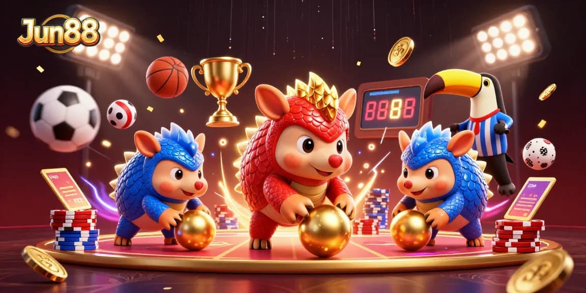 Experience thrilling gameplay with Jun88's vibrant 3D pangolin characters in an exciting gambling scene.