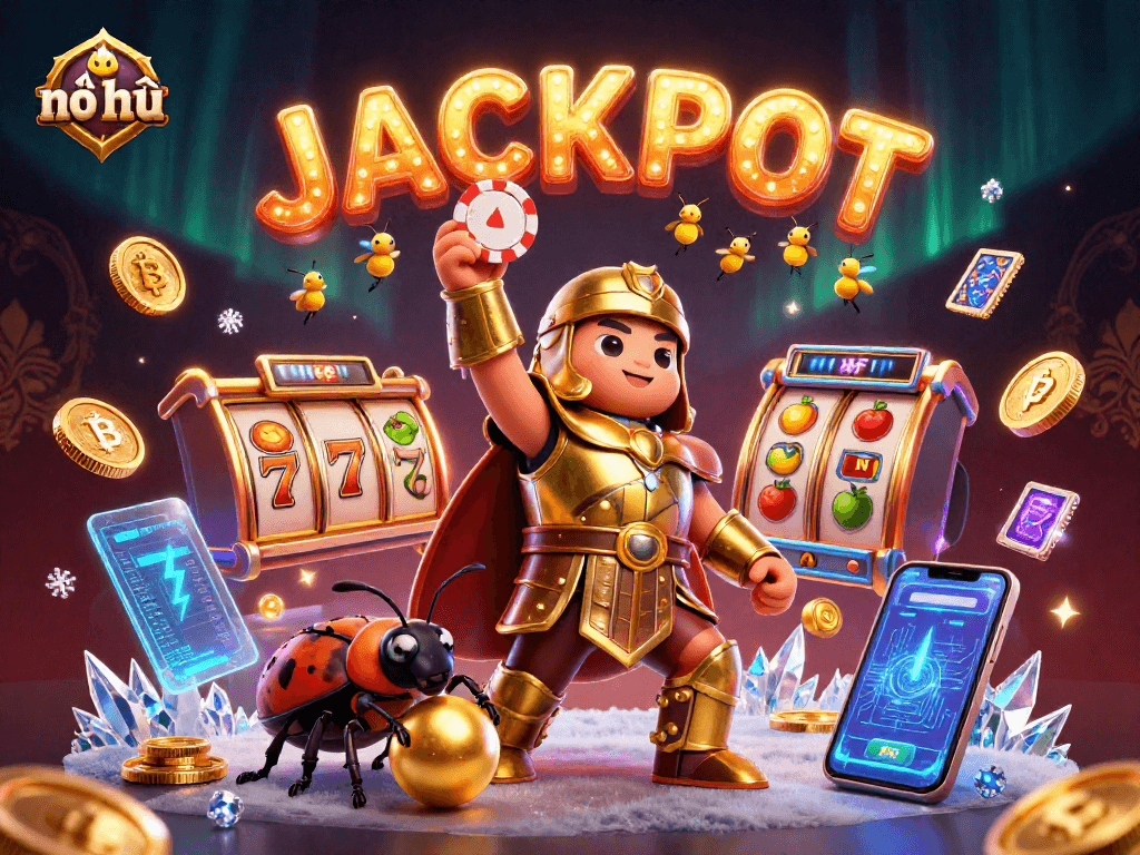 Engage with nổ hũ jackpot excitement in an illustrated scene of victorious beetles and dynamic casino elements.