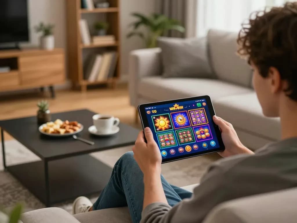 Enjoying a winning moment on the sun win online casino app in a cozy home setting