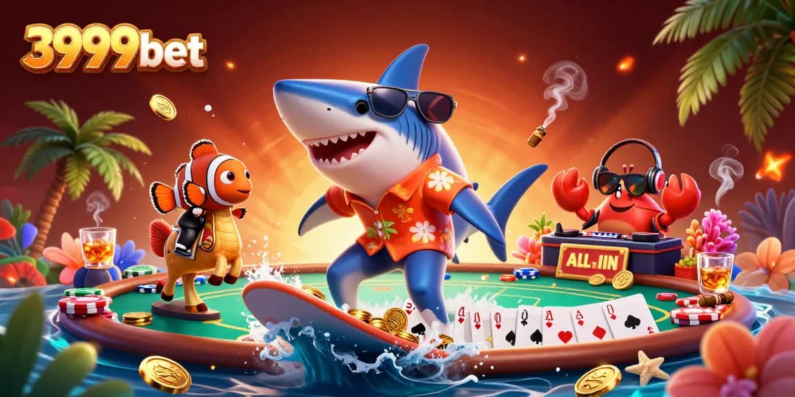 Engage in casino fun with 3999bet's vibrant scene of a shark surfing gold coins while playing poker.