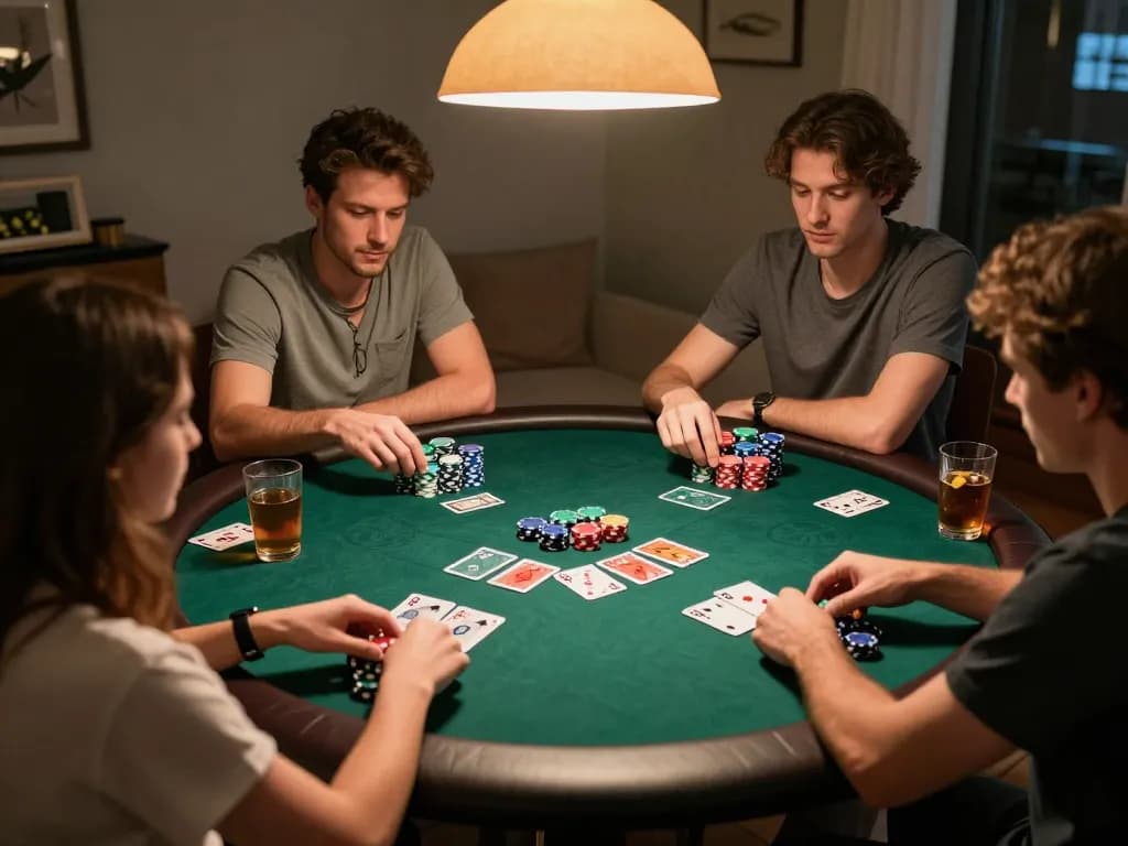 Engaged players at a home poker night exploring km777 strategies with chips and cards.