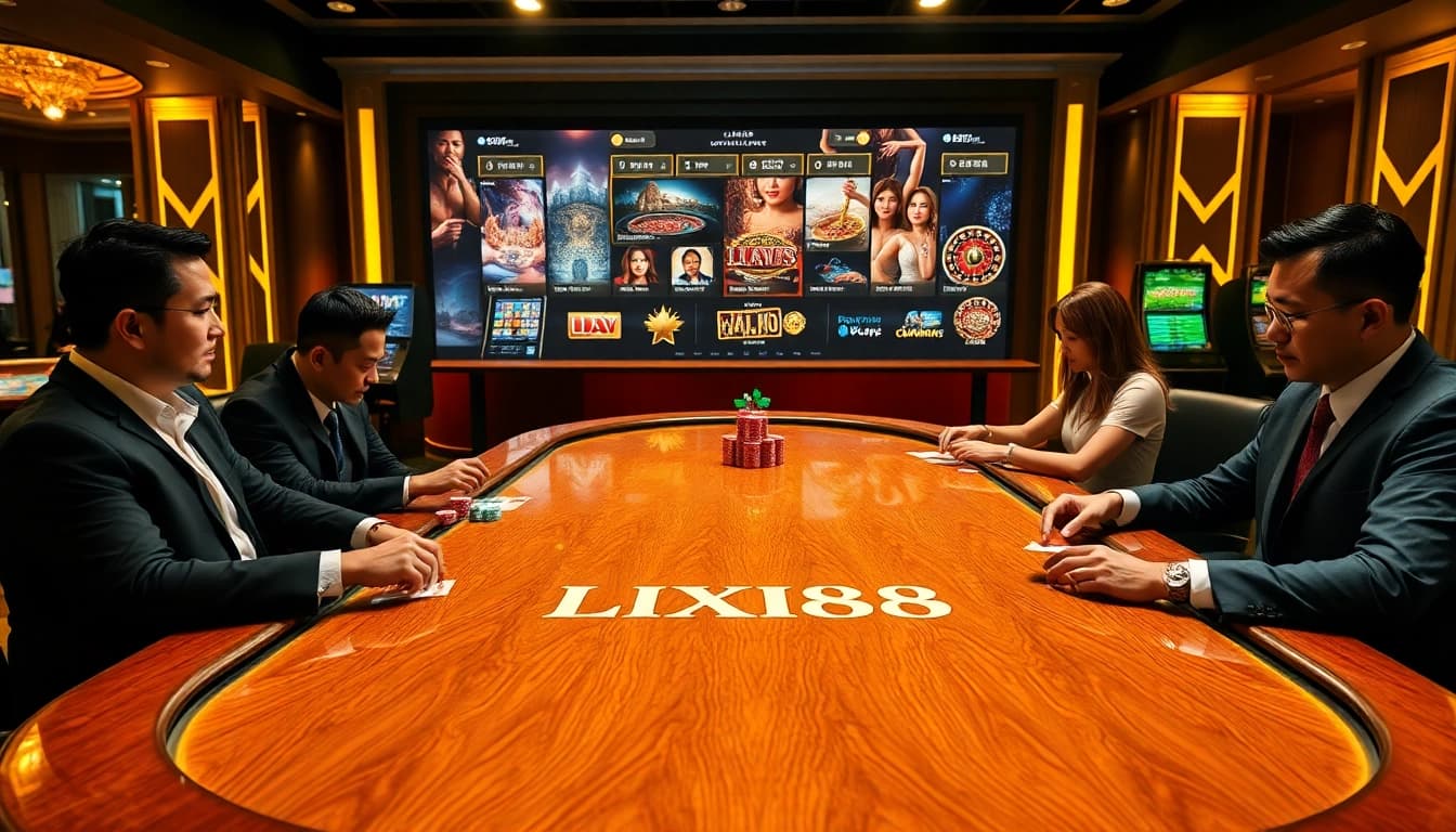LIXI88 players enjoying an exciting game at a luxurious poker table with a high-tech online gambling backdrop.