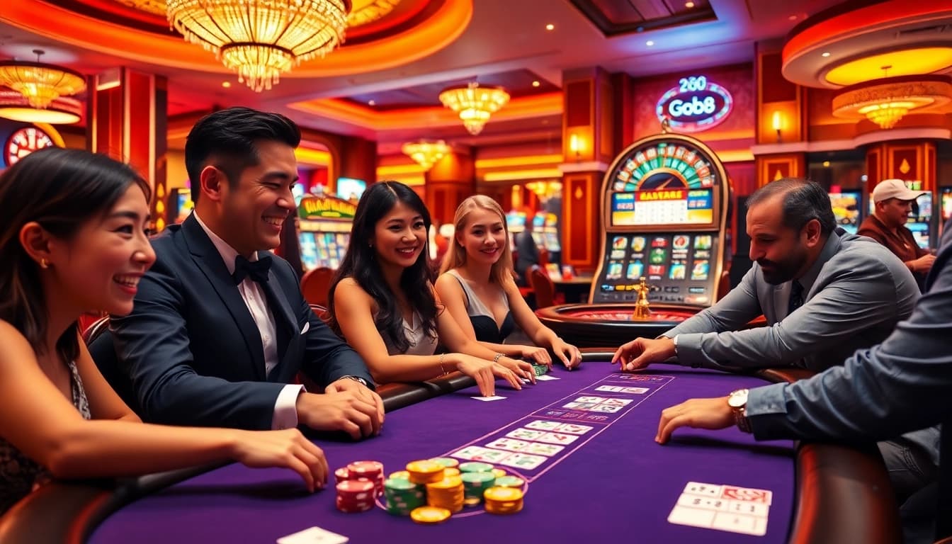Players enjoying a thrilling game at Go88's vibrant casino table, showcasing chips and cards.