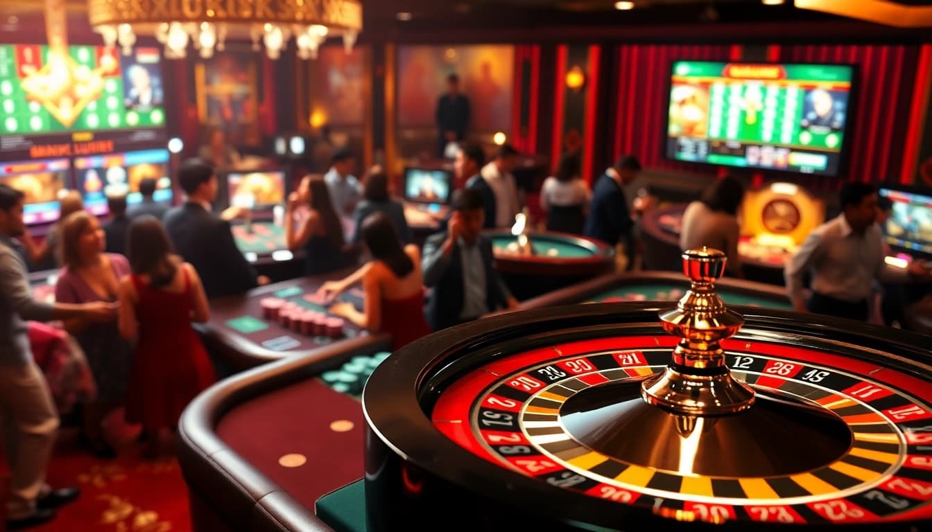 Engage in the excitement of ĐĂNG KÝ LUCK8 at a vibrant casino table filled with colorful poker chips and cards.