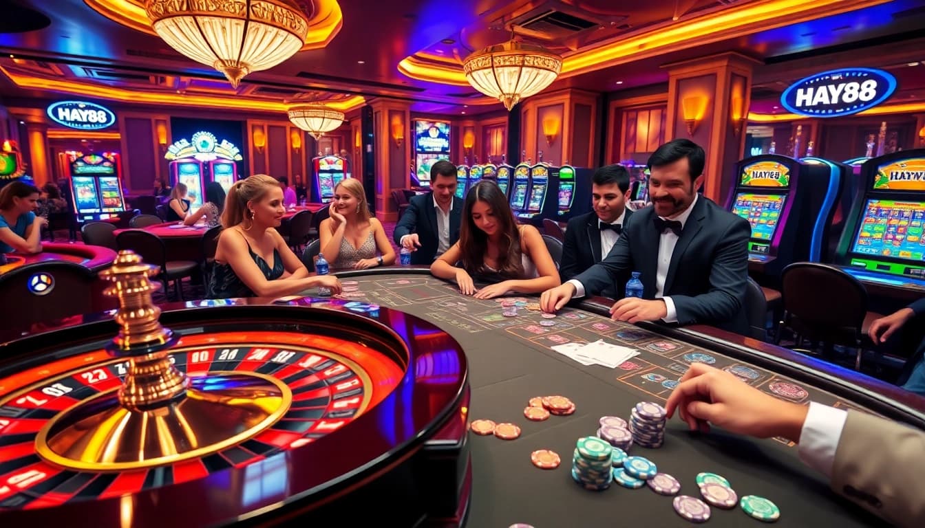 HAY88 players engaging in a luxurious casino experience with roulette and poker tables.