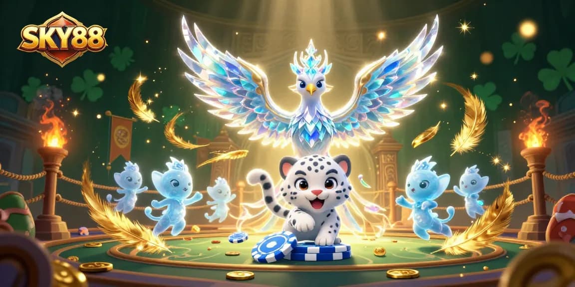 Engage in thrilling action with SKY88's ice phoenix and snow leopard in this vibrant casino scene.