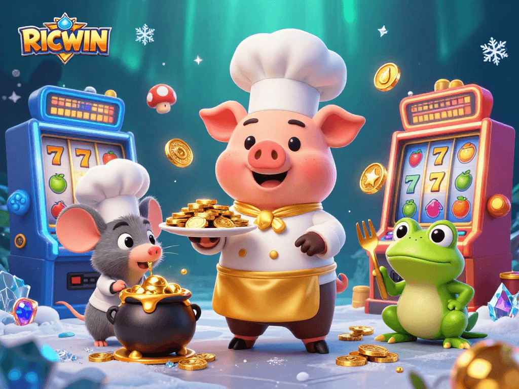 Play with RICWIN as a chef pig serves gold coins at a dynamic casino-themed scene.