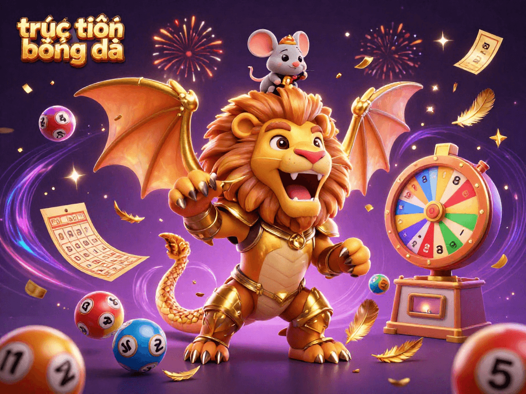 Experience thrilling trực tiếp bóng đá with an animated chimera and lucky mouse jockey amidst vibrant casino elements.