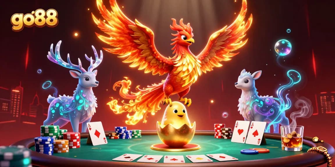 Experience the thrill of go88 with dynamic poker action and a mystical atmosphere in this vibrant illustration.