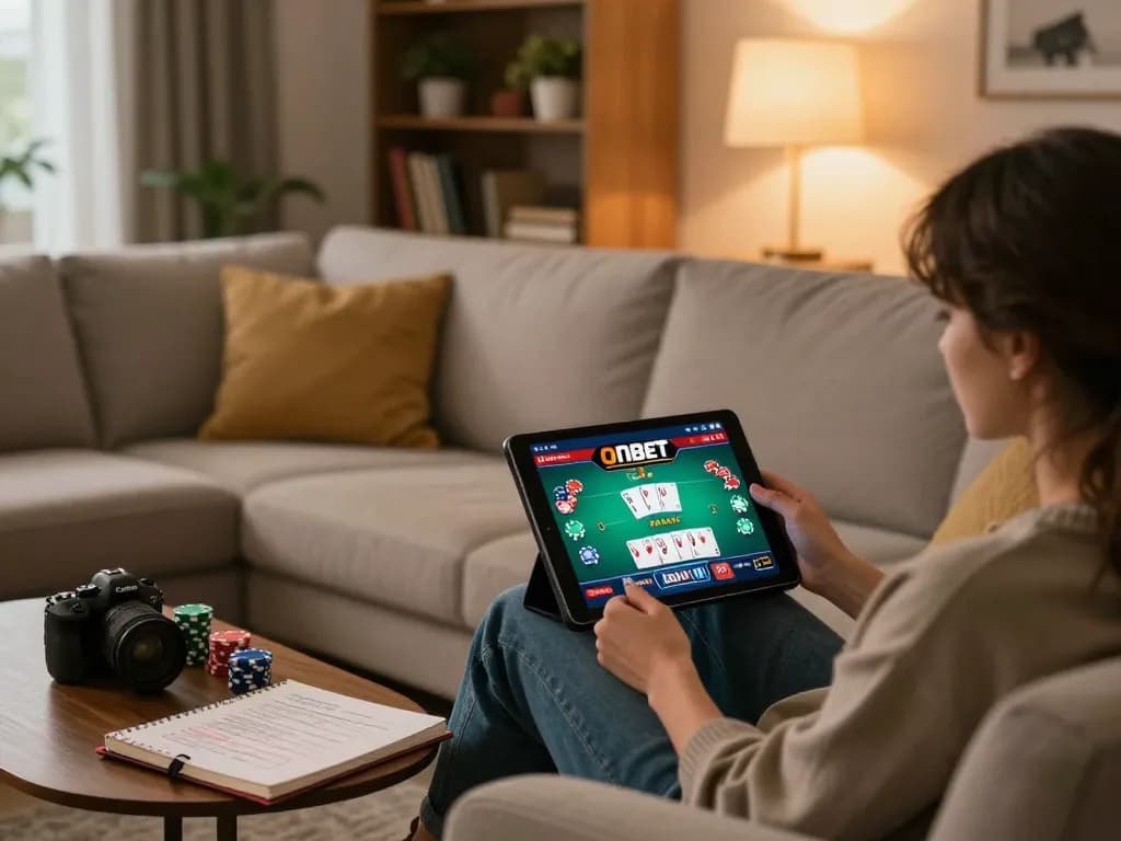 Engaging in poker gameplay on onbet tablet at home with warm ambiance.