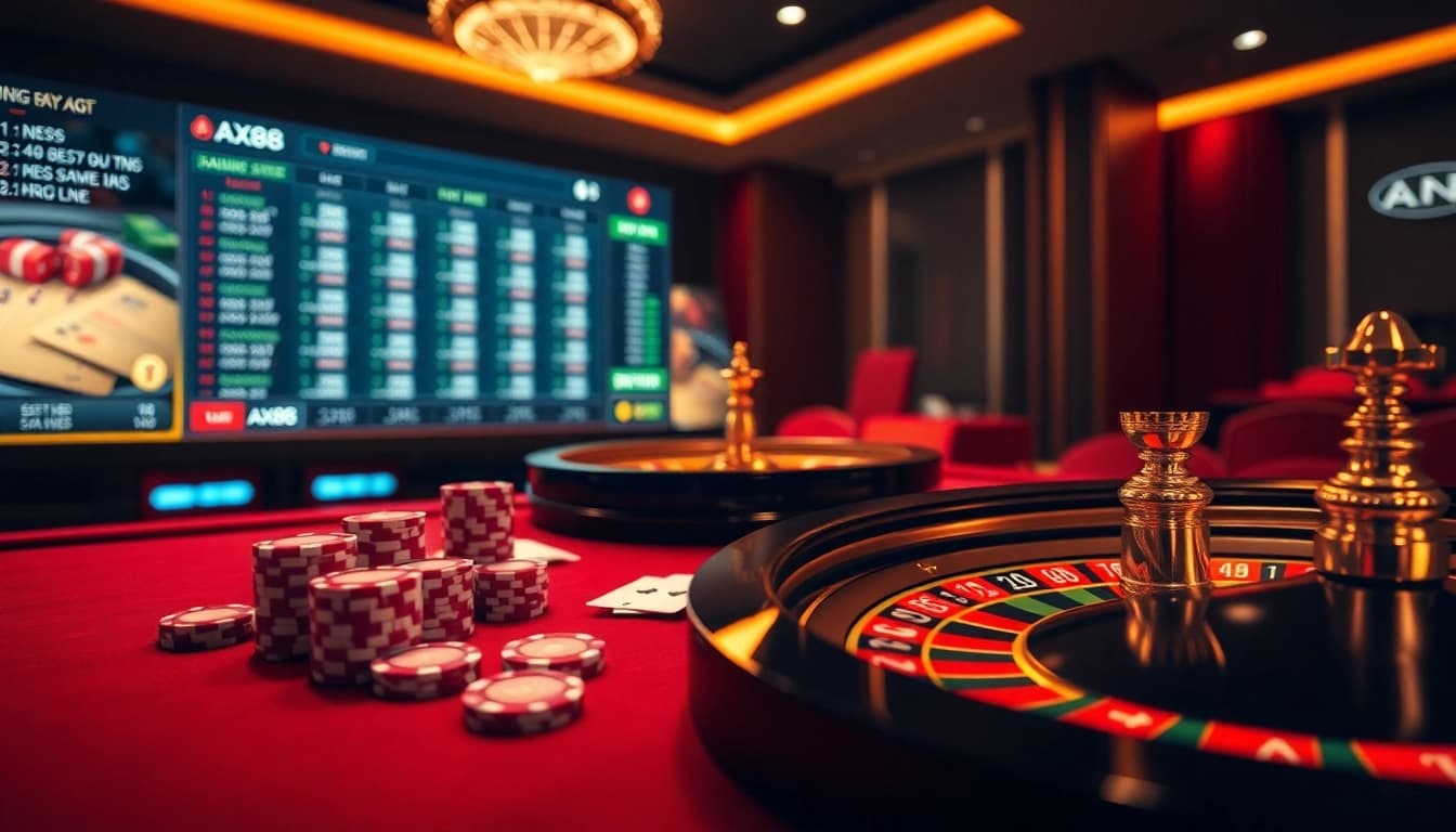 Experience thrilling online betting at https://ax88.bid/ with a luxurious casino setup featuring poker chips and cards.