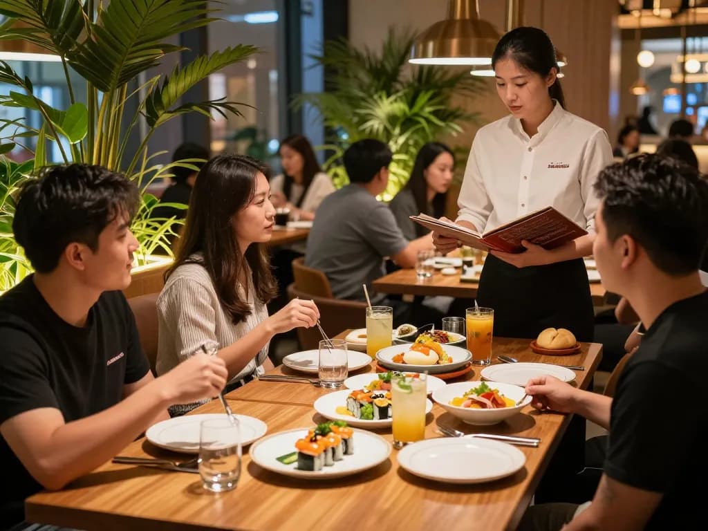 Dining guests savoring fusion dishes at RED88 restaurant, vibrant atmosphere.