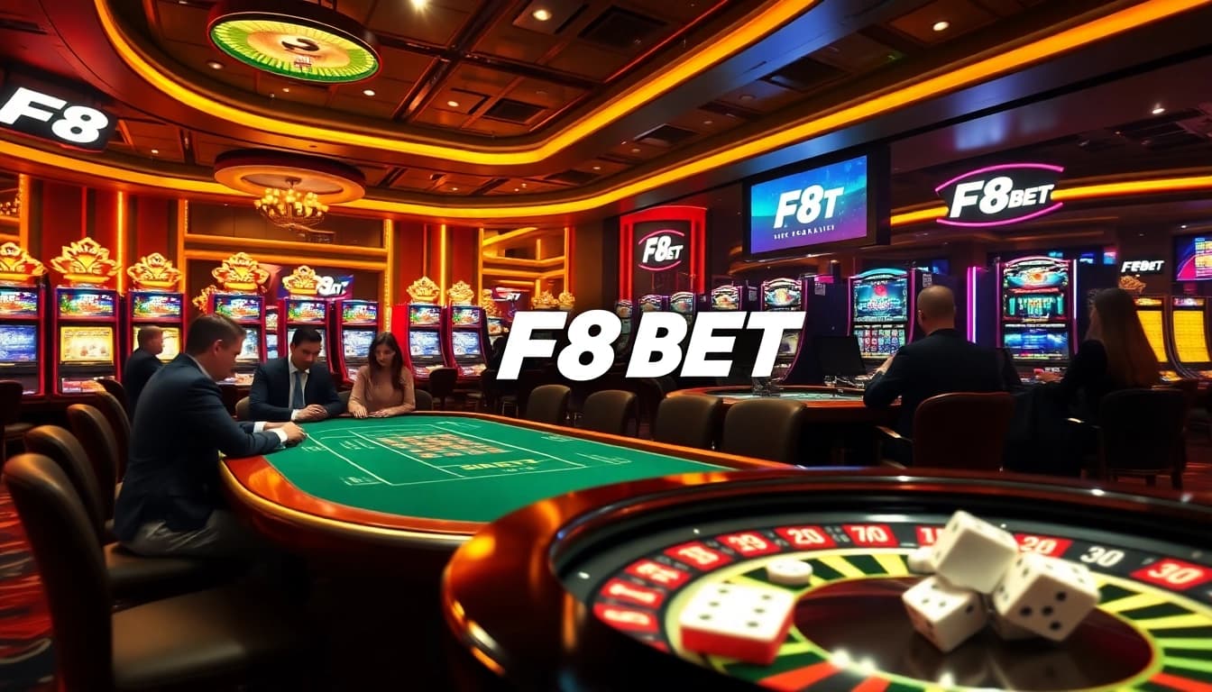 Experience the high-stakes excitement of F8 BET with immersive casino visuals featuring poker, roulette, and slot games.