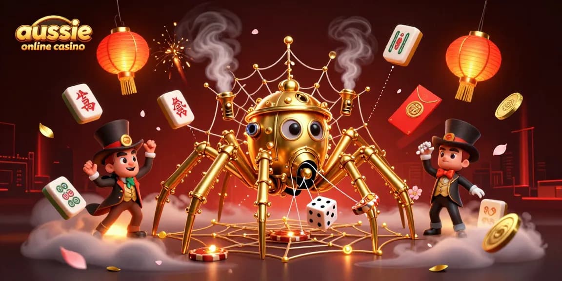 The aussie online casino image showcases a steampunk spider webbing together luck-themed elements amid vibrant colors.