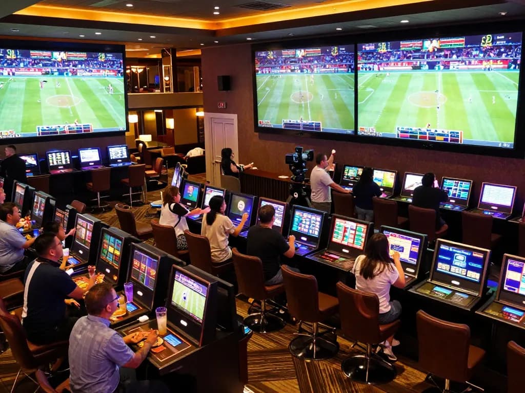 Bongdallu users engage in live sports betting at a modern casino lounge with dynamic screens displaying games