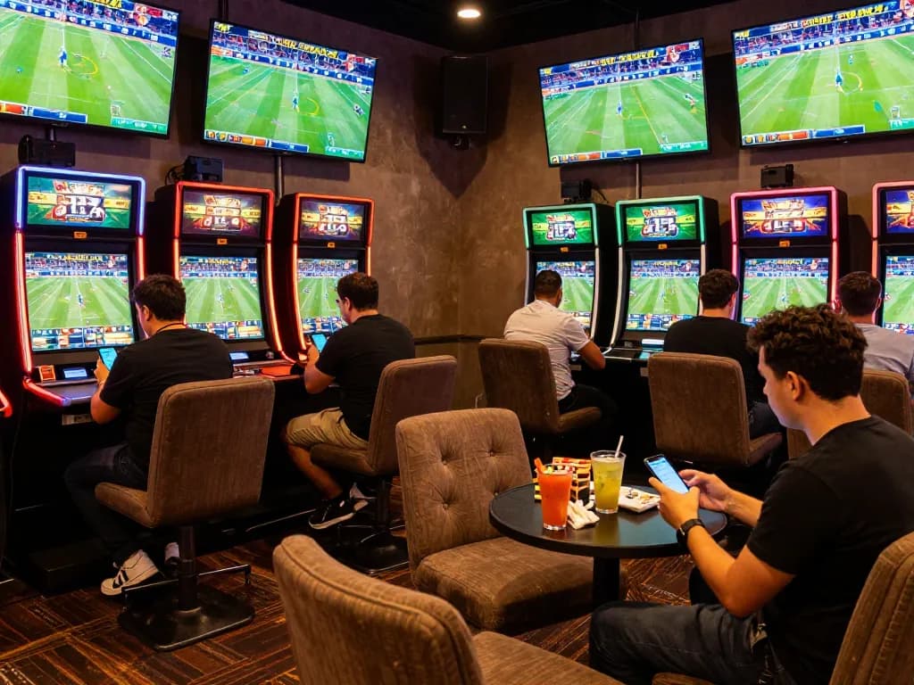 Enthusiastic bettors engaging in sports betting at 9BET lounge, vibrant screens displaying live events.