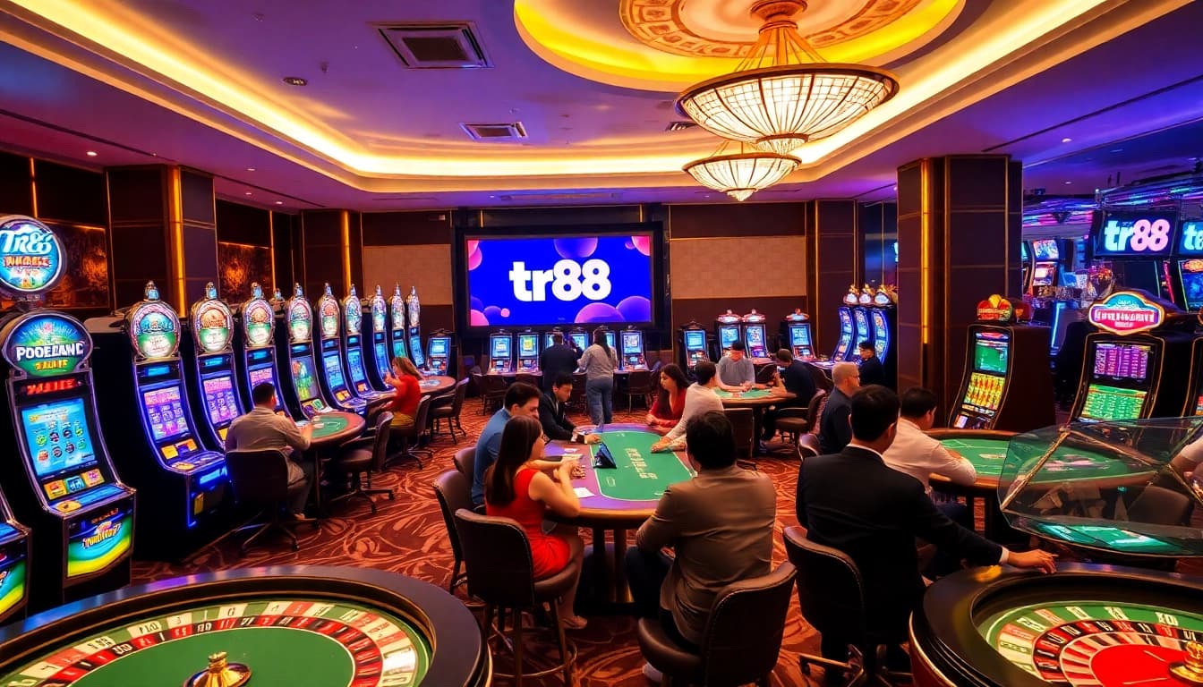 Enjoying thrilling games at tr88 casino with vibrant slot machines and engaged players.