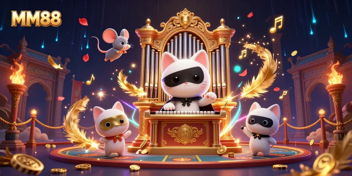 Engage with MM88: Phantom cat at a casino organ and mouse acrobat with dynamic betting tokens.