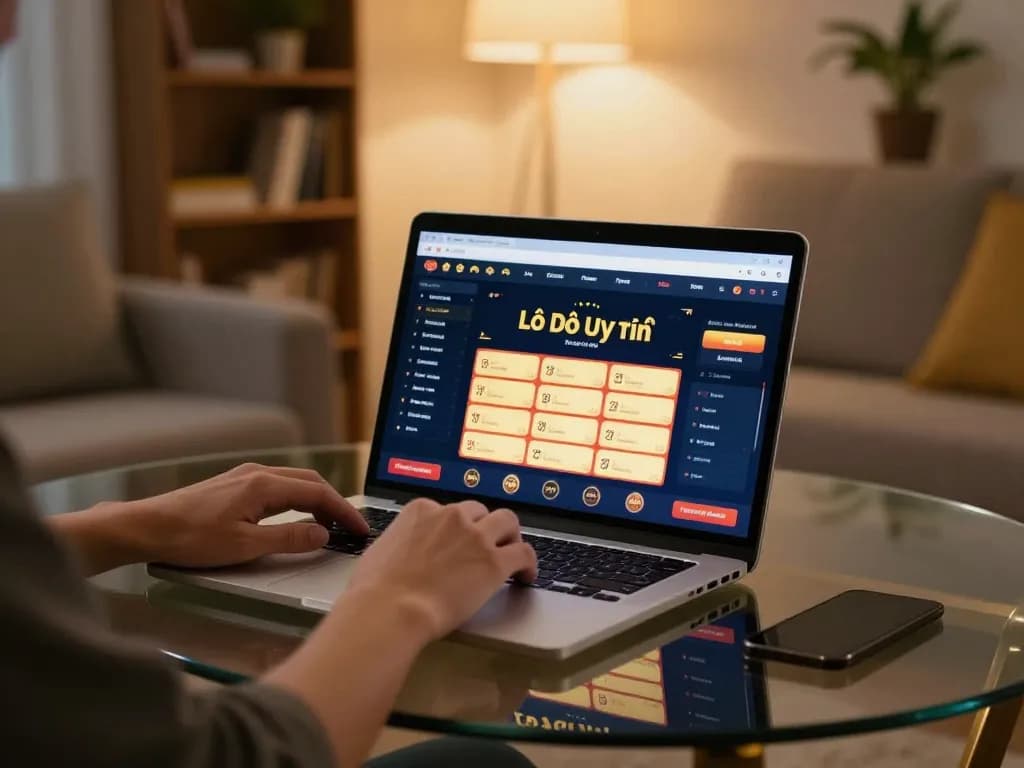 Lô Đề Uy Tín user engaging in online betting from home, laptop displaying gaming interface.