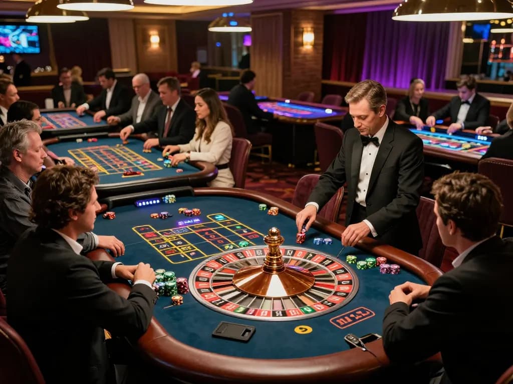 99WIN players placing bets around a roulette table in an elegant casino atmosphere