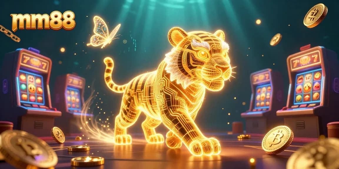 Play exciting casino games at mm88 with a neon-wireframe tiger and Bitcoin coins in a vibrant digital casino.